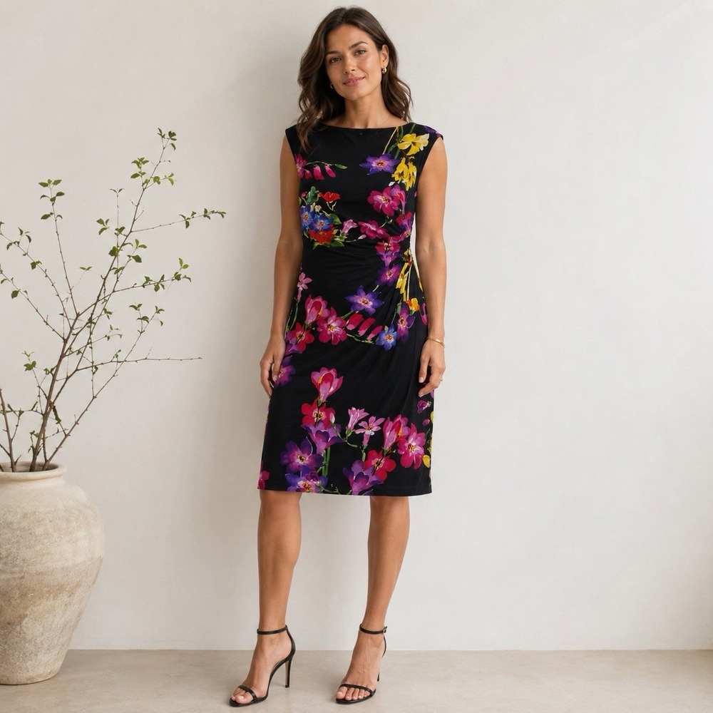 Ralph Lauren Event Dress Size 4 Black Dark Floral Ruched Graduation Wedding